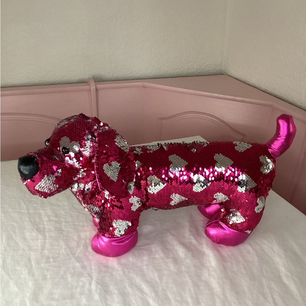 Pink Sequin Dog Plush with hearts